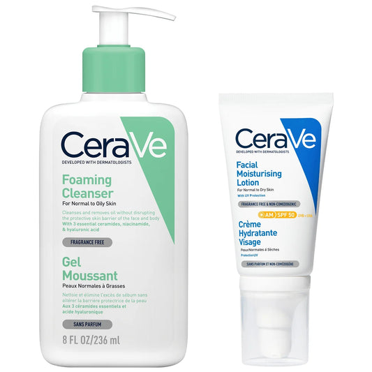 CeraVe Morning Cleanse and Protect Duo for Oily Skin, Cleanser with Niacinamide and Moisturiser with SPF 50 and Hyaluronic Acid