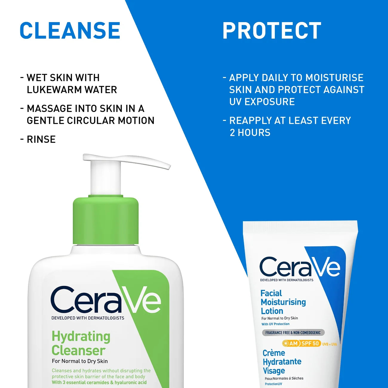 CeraVe Cleanse and Protect Face Routine for Dry Skin, Hydrating Cleanser and Facial Moisturiser with SPF 50