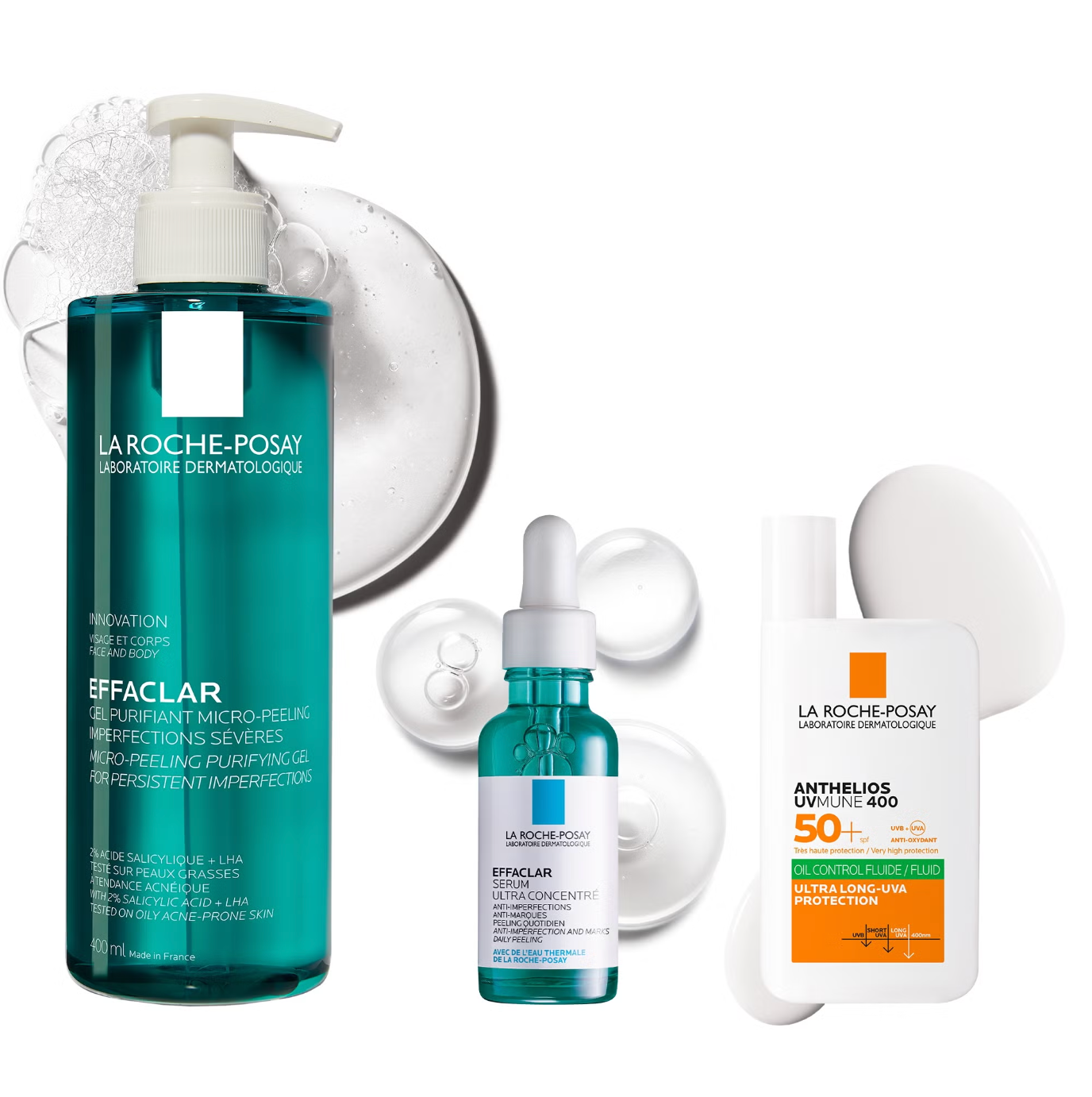 La Roche-Posay Breakout-Fighting Set- High Strength: Effaclar Micro-Peeling Cleanser, Anti Blemish Serum and SPF50+