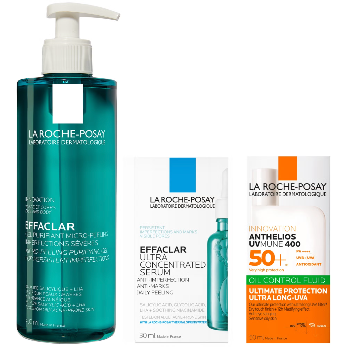 La Roche-Posay Breakout-Fighting Set- High Strength: Effaclar Micro-Peeling Cleanser, Anti Blemish Serum and SPF50+