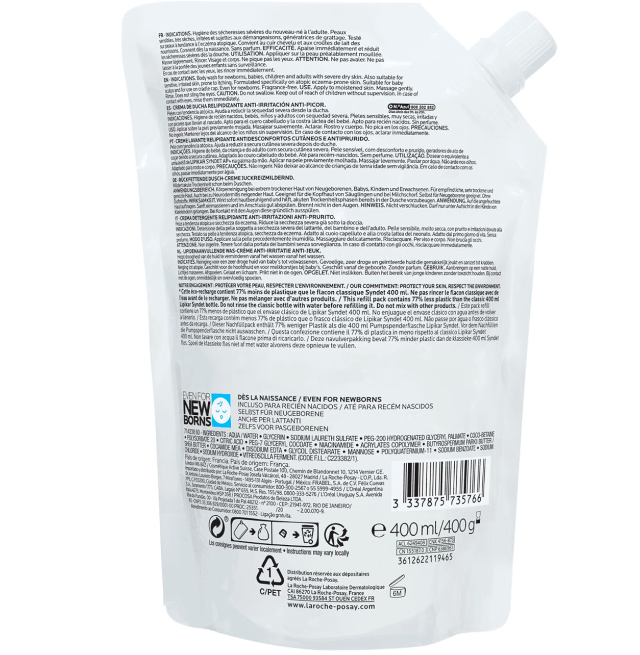 La Roche-Posay Lipikar Syndet AP+ Cream Wash Refill Pouch 400ml