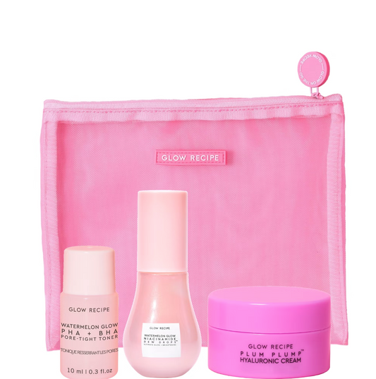 Glow Recipe Bestsellers Travel Trio: Watermelon Toner, Dew Drops and Plum Cream in Pink Mesh Pouch